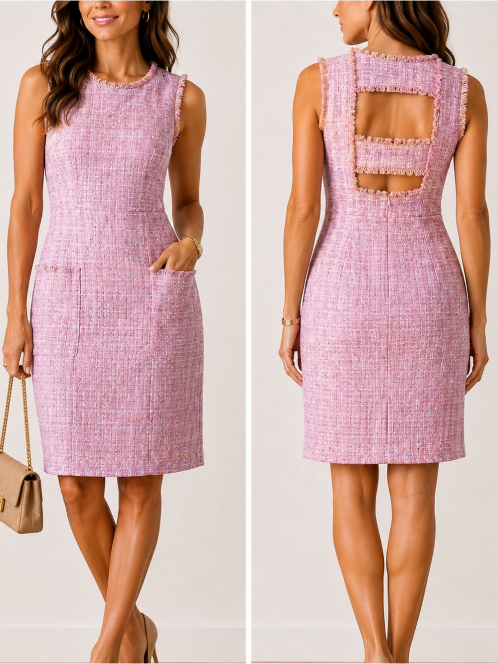 Adrianna Papell Pink Tweed Sheath Dress Fringe Cutout Back Pockets Size 12